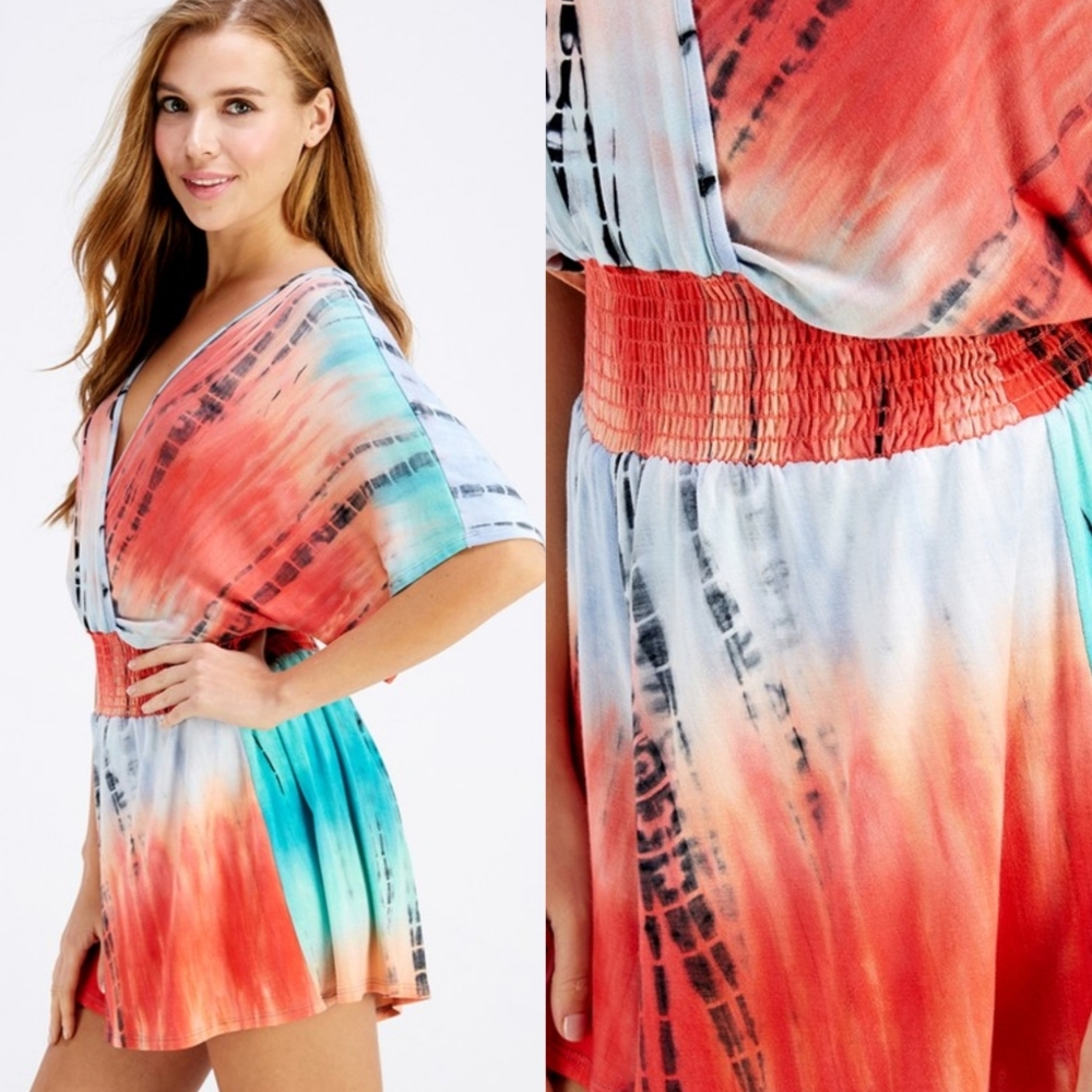 Surplice Smocked Waist Peach & Teal Tie Dye Romper - Picture 3 of 4